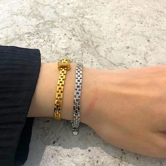 Silver Belt Buckle Bracelet Matching Ring Set, Minimalist, Zircon, Chain Link - Picture 4 of 12